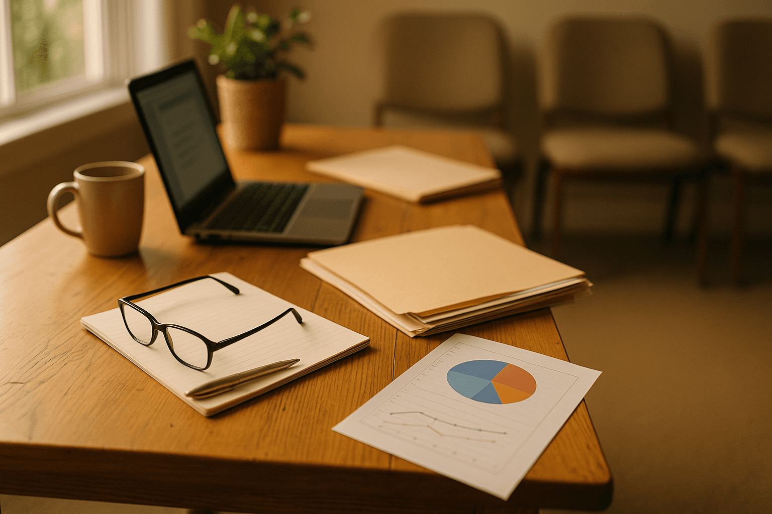 A small group of adults seated around a table with notebooks and coffee, listening to a facilitator lead a relaxed discussion about financial and life plans.