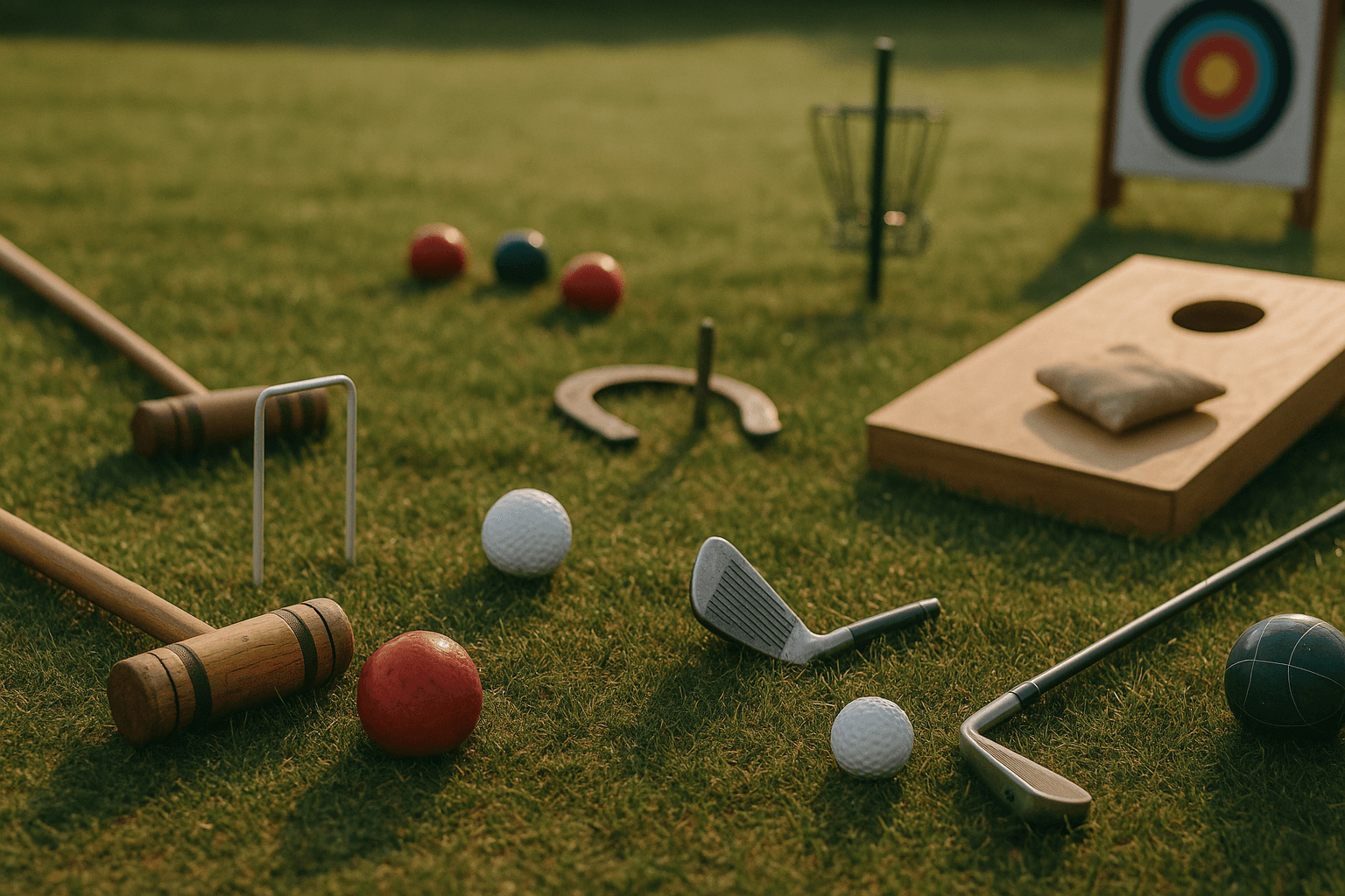 A small group of adults on a sunny course, laughing together as one person lines up a relaxed putt, golf bags and trees in the background.