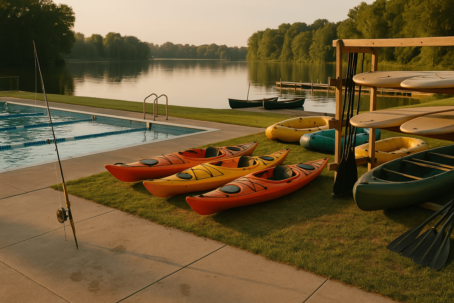 Adults in their next chapter paddling calmly across a sunlit lake, chatting and moving in sync in kayaks and on a stable paddleboard.
